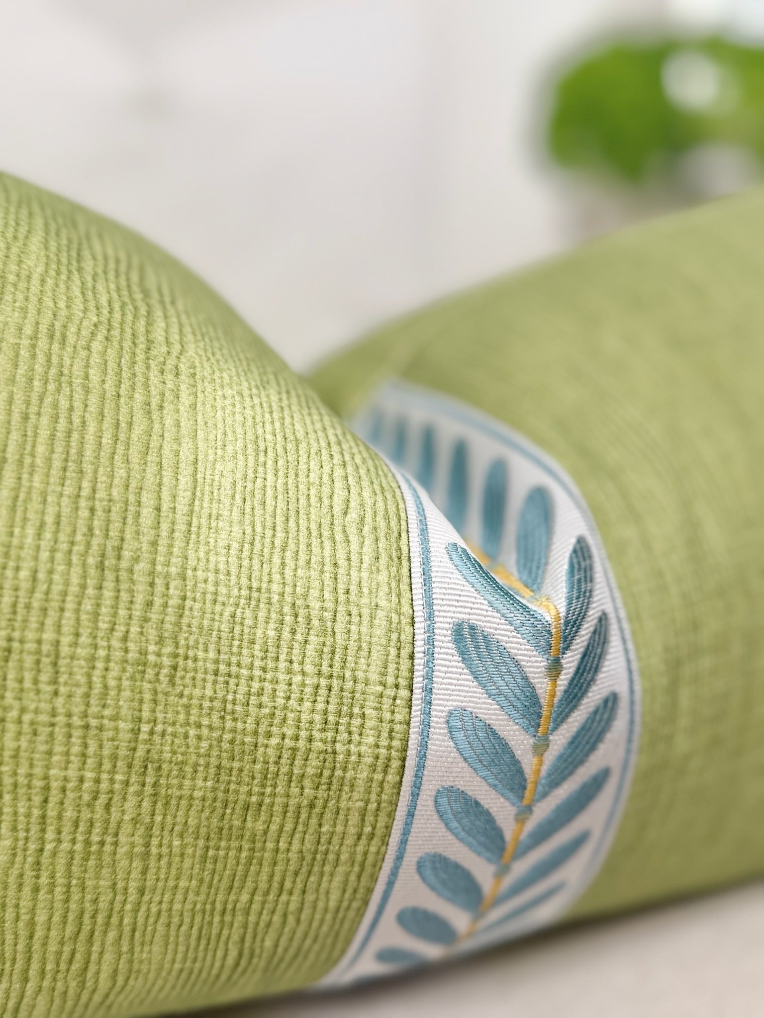 Lime Green Pillow Cover with Decorative Tape Accent