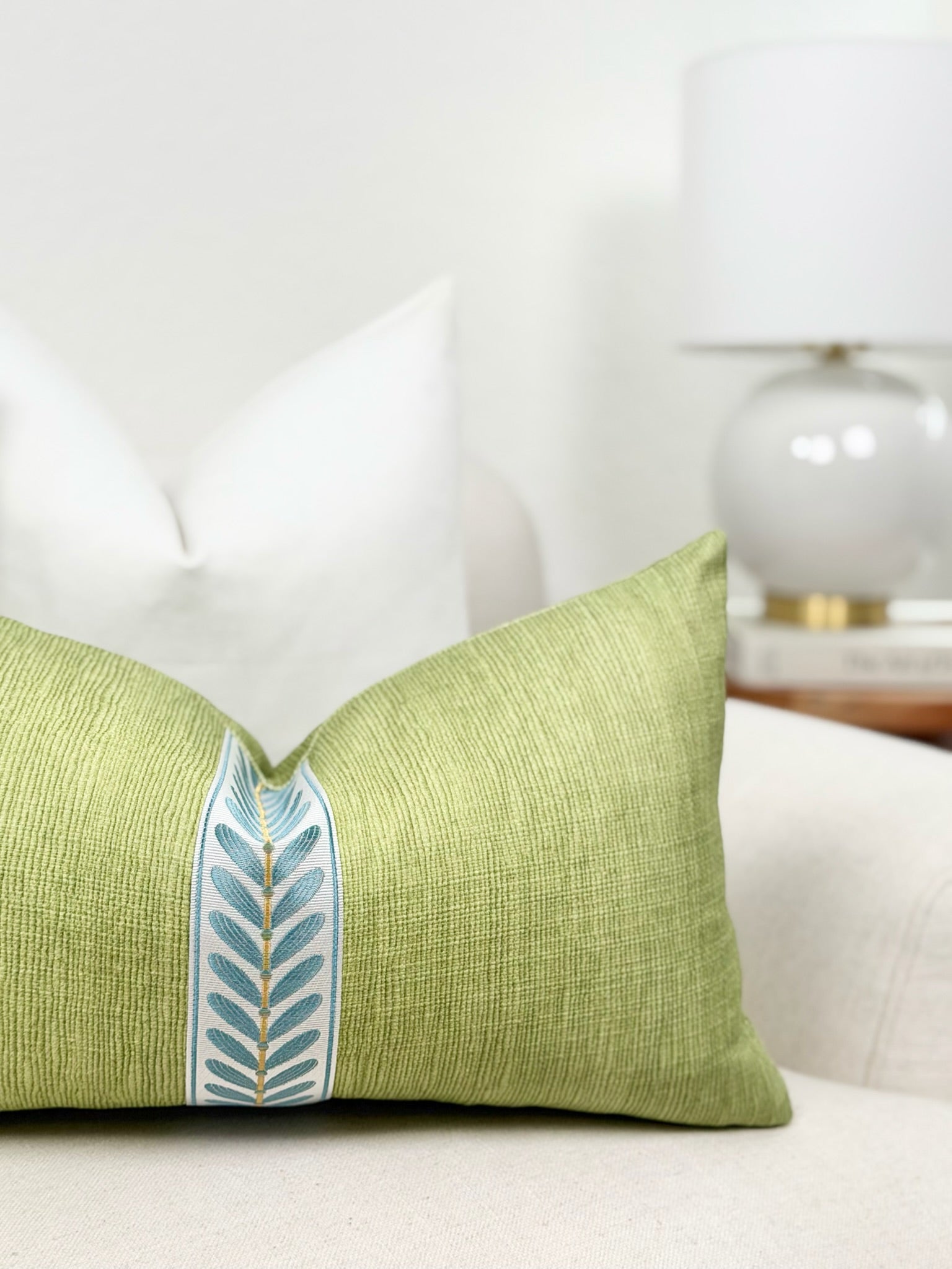 Lime Green Pillow Cover with Decorative Tape Accent
