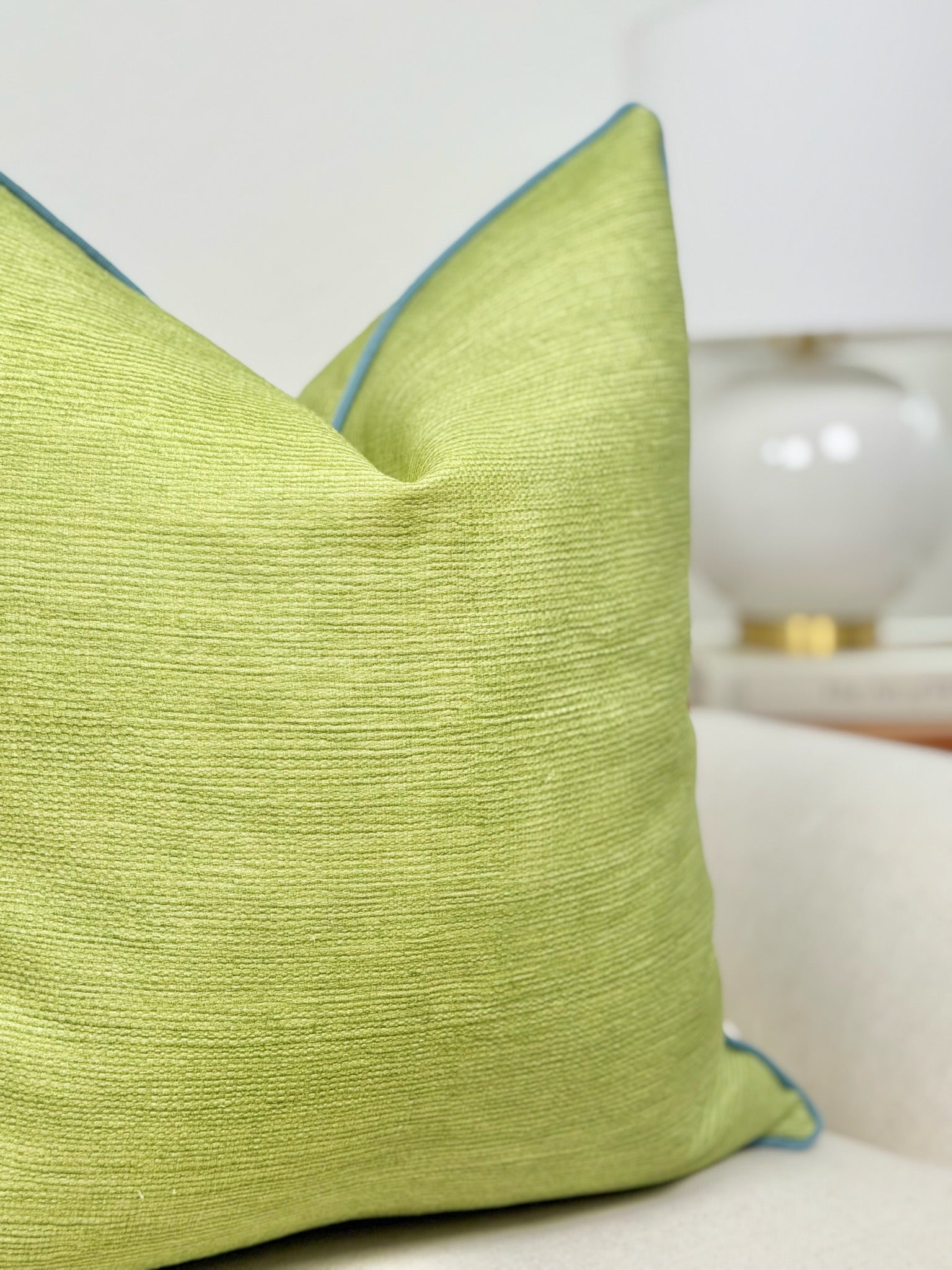 Lime Green Pillow Cover with Blue Trim