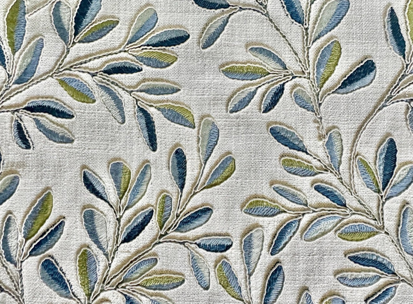 Blue and Green Floral Embroidery fabric swatch