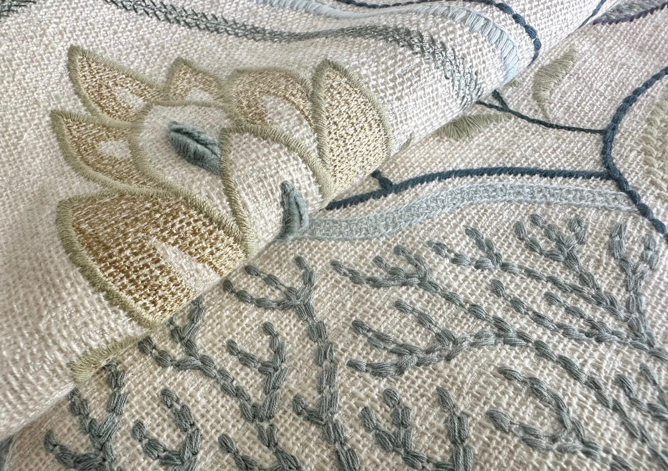 Embroidered seaglass fabric swatch