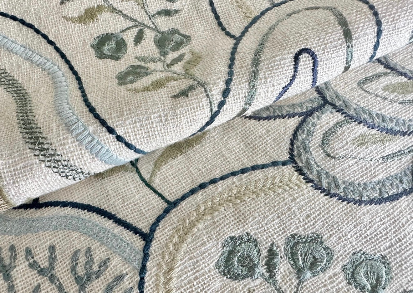 Embroidered seaglass fabric swatch