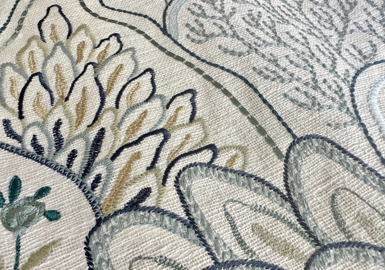 Embroidered seaglass fabric swatch