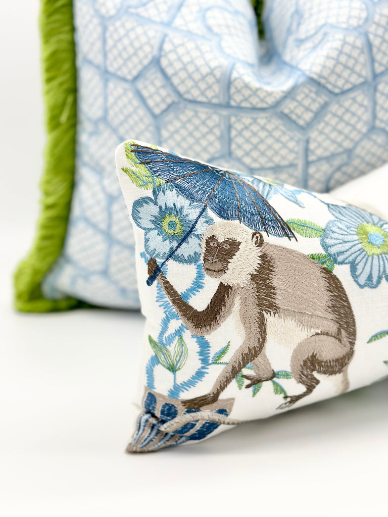 Decorate your home with Concelli embroidered throw pillow with monkey detail , Are you looking for a home decor inspiration , Concelli Chinoiserie style throw pillow will make a statement in your livingroom , embroidered blue decorative pillow for bed and sofa