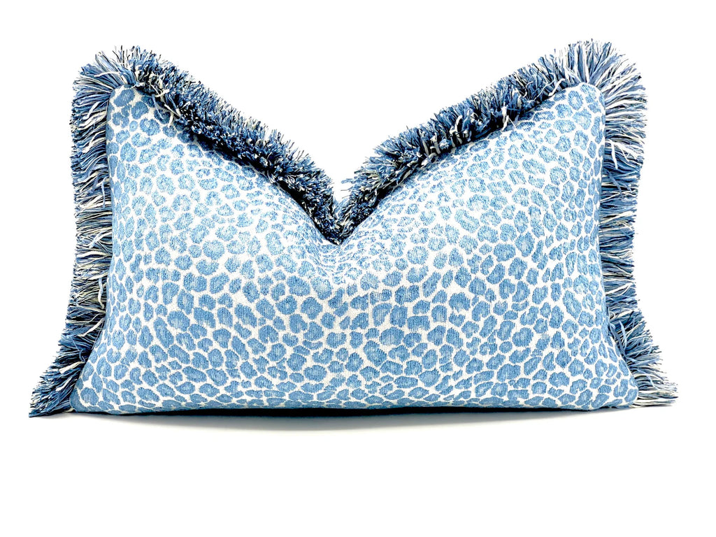 Blue cheetah throw pillow cover , Blue cheetah accent pillow lumbar with blue brushed fringe detail 