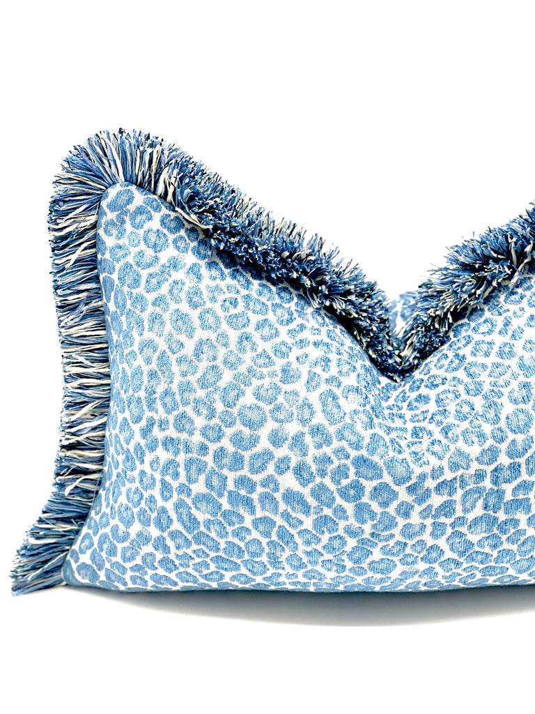 Blue cheetah throw pillow , blue throw pillow cover , Chinoiserie chic style accent pillow , custom - made pillows , handcrafted pillow cover , unique pillows , high - quality throw pillow , interior design accent , statement piece , luxurious pillow cover , luxurious accent pillows , designer fabric throw pillow , blue chenille throw pillow , green brushed fringe detailing
