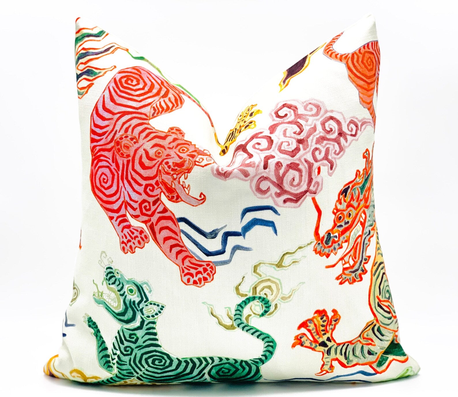 Himalayan Tiger Dragon Pillow featuring multi-hued tigers and a dragon in action, designed on a lightweight cotton fabric, perfect for accent chairs or as a central statement piece. Himalayan Tiger Dragon pillow, chinoiserie pillow, East Asian decor, tiger and dragon design, decorative throw pillow