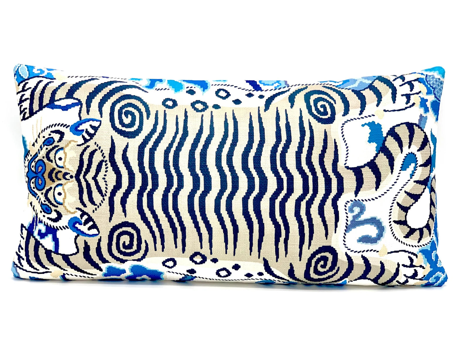Chinoiserie-style lumbar throw pillow cover featuring a bold Tibetan tiger design on a crisp linen background. Chinoiserie throw pillow, Tibetan tiger pillow, decorative throw pillow, exotic decor, luxury pillow