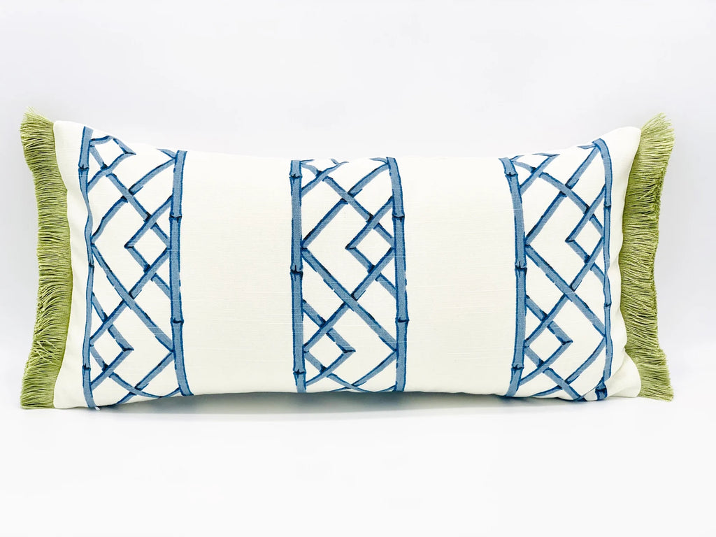Blue bamboo print chinoiserie style throw pillow with green brushed fringe detail , beautiful adittion to your chinoiserie chick decor , this linen throw pillow with asian blue bamboo print is made of high quality designer fabric , Ballard blue bamboo throw pillow