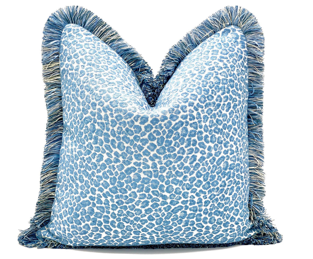 Decorative accent blue cheetah throw pillow cover that will add a sophisticated look to your interior , decorate your home with blue cheetah cushion with blue brushed fringe detail , this chinoiserie style blue cheetah pillow is made of high quality designer fabric 