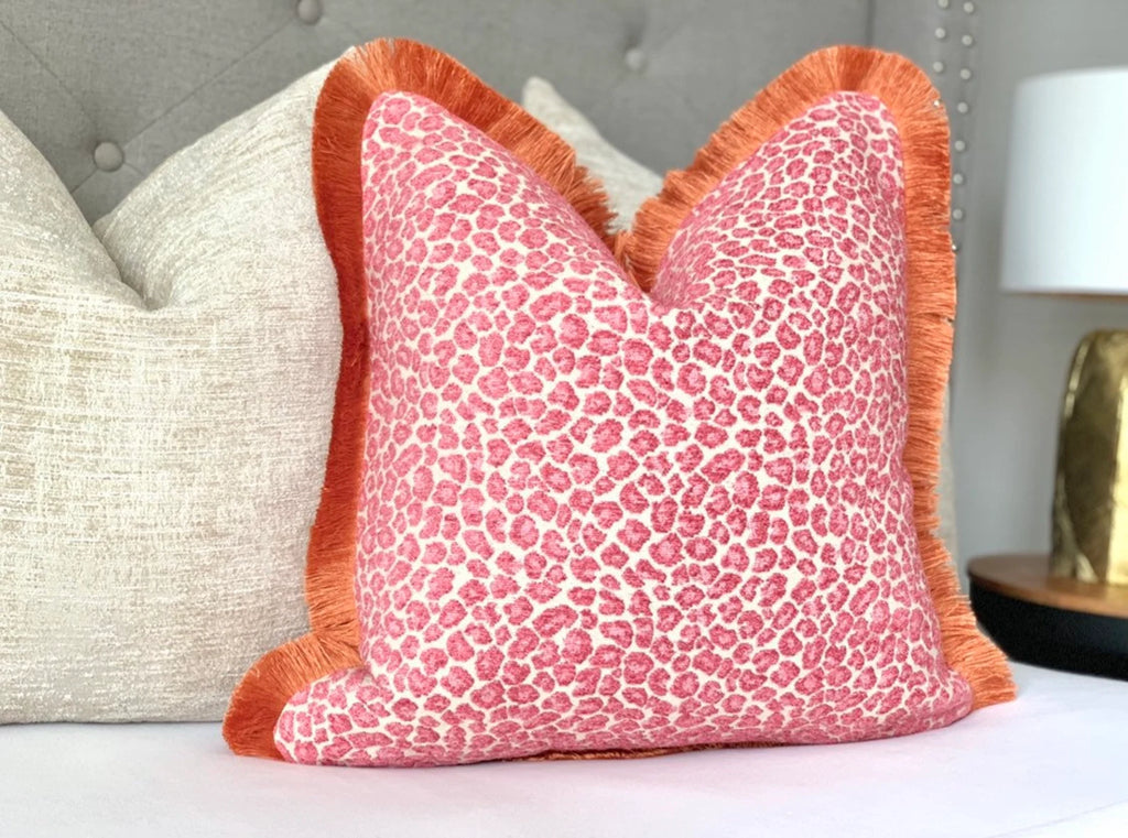 Pink cheetah throw pillow cover with orange brush fringe detail , Pink throw pillows with animal print , decorative throw pillow chinoiserie style , chinoiserie pillows 