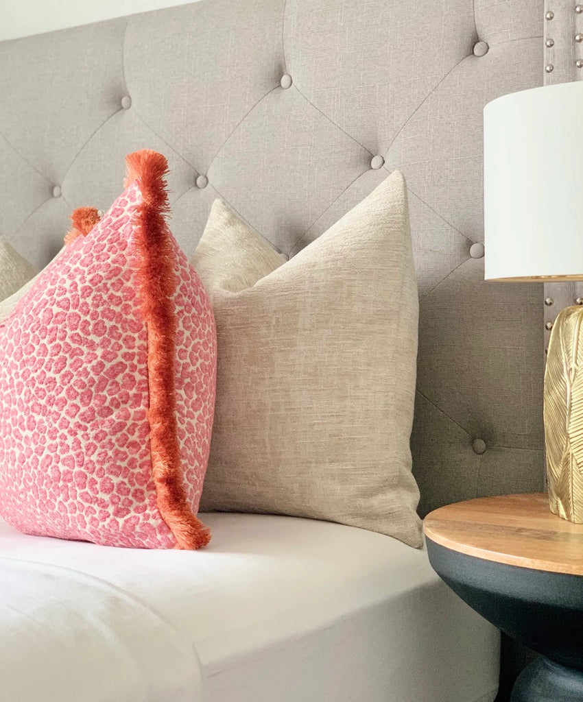 Pink cheetah throw pillow cover with orange brush fringe detail , luxurious throw pillows chinoiserie style , chinoiserie throw pillows for modern interior