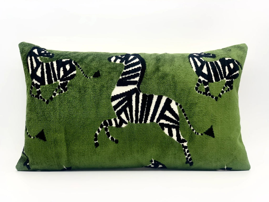 Dancing zebras green velvet pillow cover , Zebra print throw pillow lumbar ,  dancing zebras cushion , green velvet pillow animal print ,  modern throw pillow with zebra print 